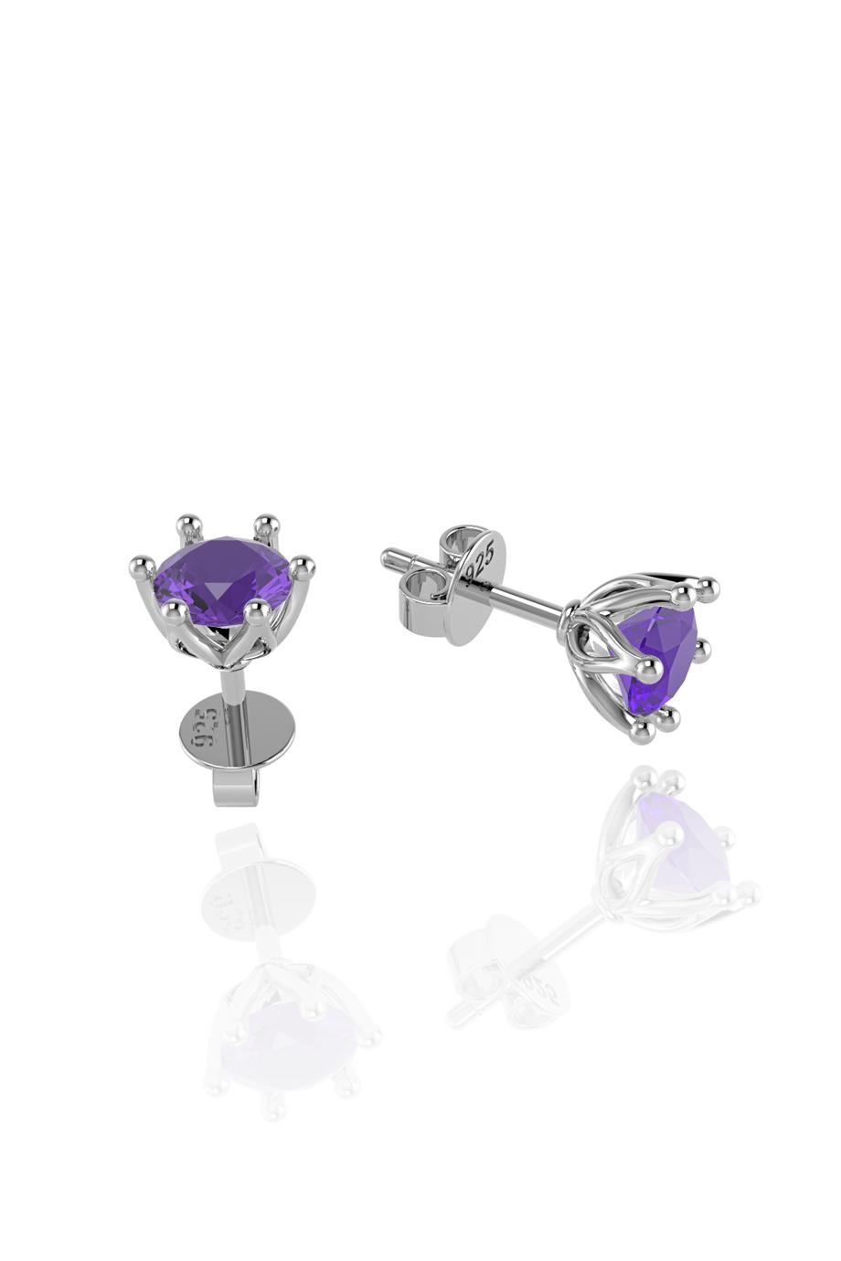 Minimal Ametist Tek Taş Gümüş Küpe