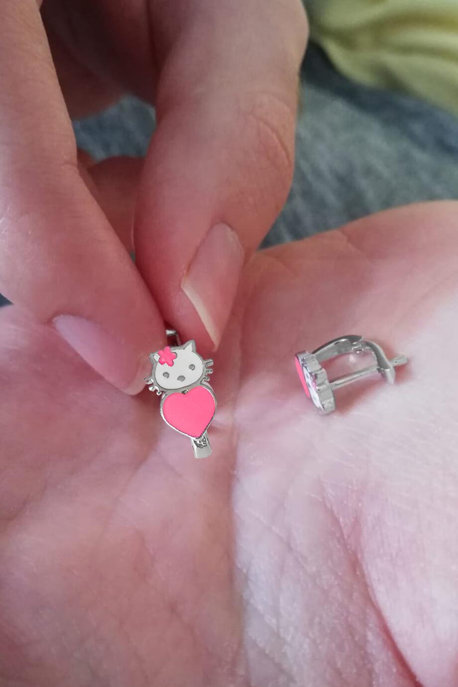 Pembe Kalpli Kedi Gümüş Çocuk J Küpe