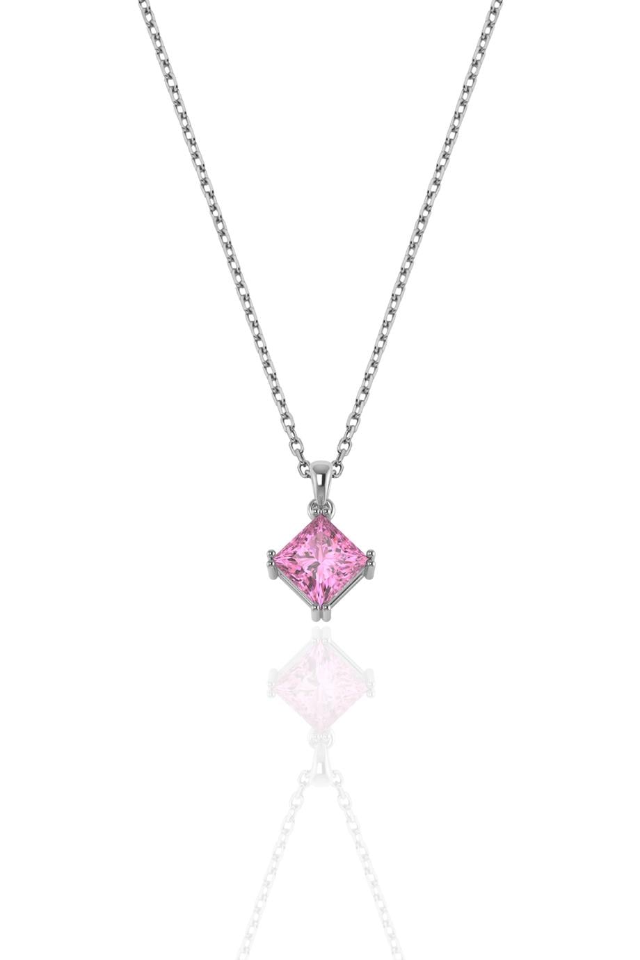 Prenses Kesim 6 mm Pembe Tek Taş Gümüş Kolye