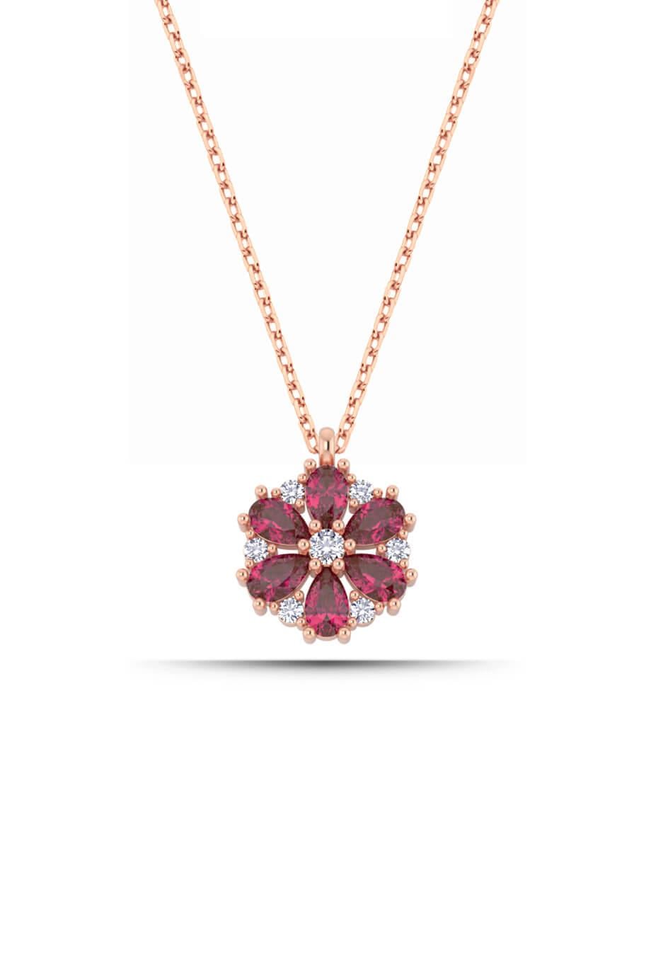 Ruby Taşlı Lotus Manolya Çiçeği Gümüş Kolye