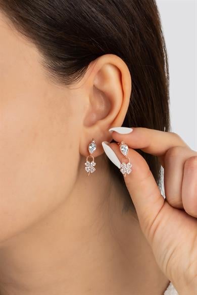 Damla Taşlı Yonca Sallantılı Gümüş Küpe 