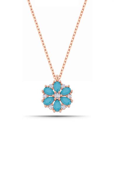 Firuze Taşlı Lotus Manolya Çiçeği Gümüş Kolye