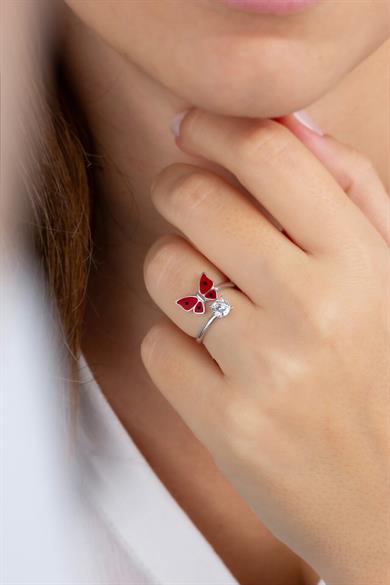 Kelebekli Tek Taş Gümüş Yüzük