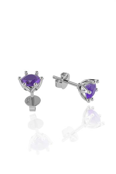 Minimal Ametist Tek Taş Gümüş Küpe