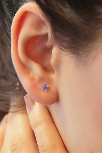 Minimal Ametist Tek Taş Gümüş Küpe