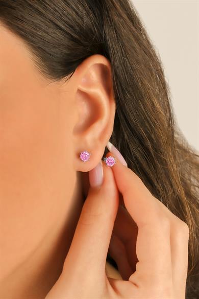 Minimal Pembe Tek Taş Gümüş Küpe