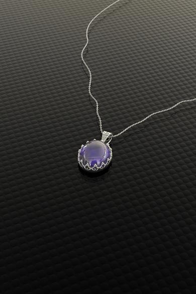 Mor Kapşon Taşlı Gümüş Kolye