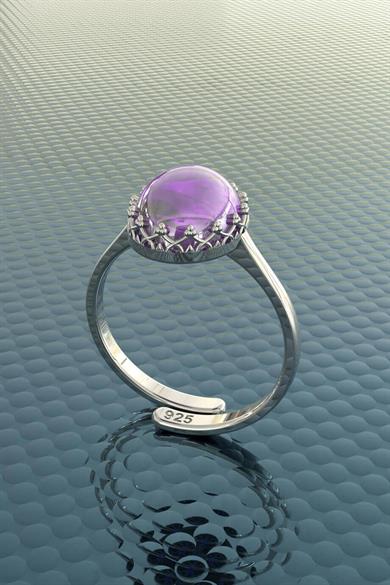 Mor Kapşon Taşlı Gümüş Yüzük