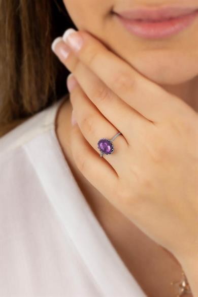 Mor Kapşon Taşlı Gümüş Yüzük
