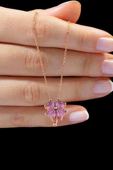 Pembe Kalp Taşlı Yonca Gümüş Kolye