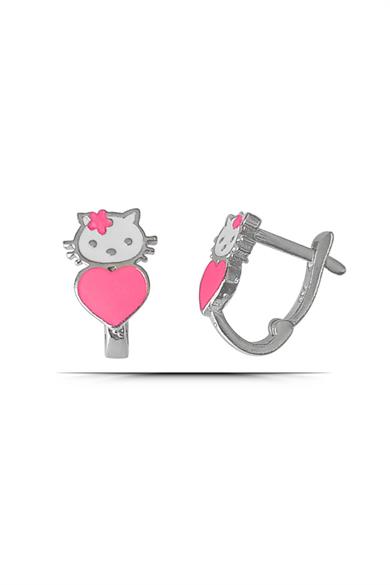 Pembe Kalpli Kedi Gümüş Çocuk J Küpe