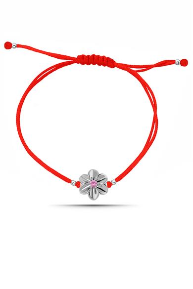 Pembe Tek Taşlı Çiçek Gümüş Bileklik