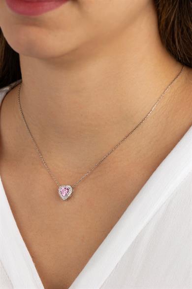 Pırlanta Modeli Pembe Kalp Taşlı Gümüş Kolye
