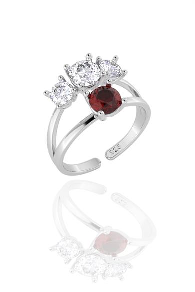 Pırlanta Montürlü Üç Taş Ruby Tektaş Gümüş Yüzük