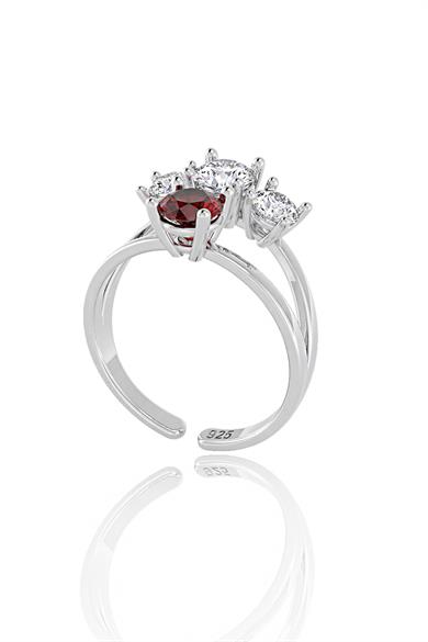 Pırlanta Montürlü Üç Taş Ruby Tektaş Gümüş Yüzük