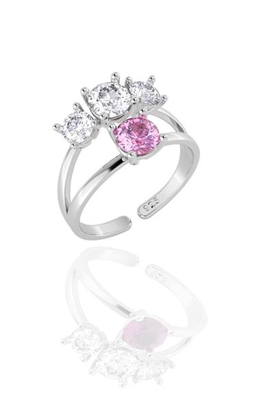 Pırlanta Montürlü Üç Taş Pembe Tektaş Gümüş Yüzük