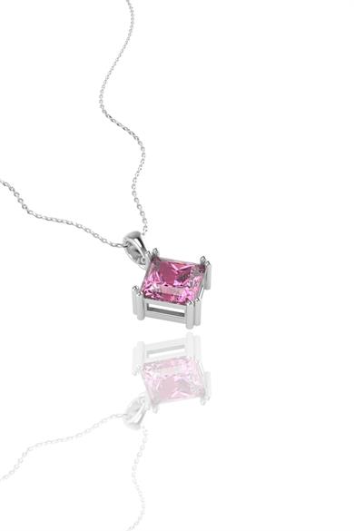 Prenses Kesim 6 mm Pembe Tek Taş Gümüş Kolye