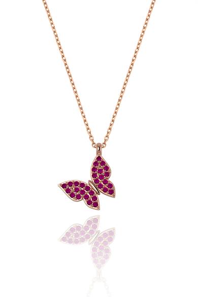 Ruby Taşlı Kelebek Gümüş Kolye