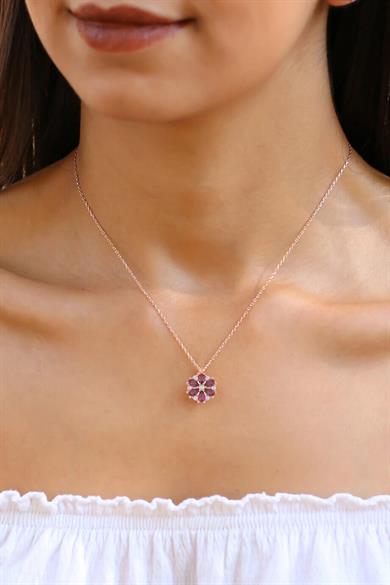 Ruby Taşlı Lotus Manolya Çiçeği Gümüş Kolye
