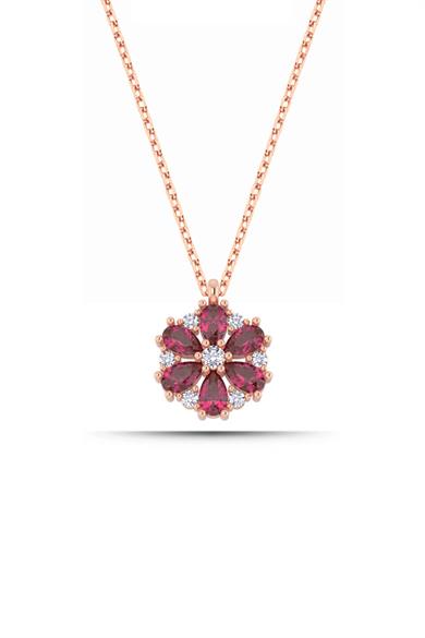 Ruby Taşlı Lotus Manolya Çiçeği Gümüş Kolye