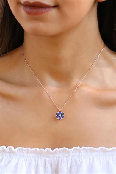 Safir Taşlı Lotus Manolya Çiçeği Gümüş Kolye