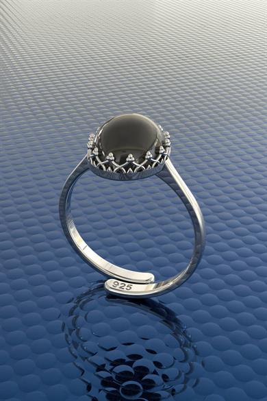 Siyah Kapşon Taşlı Gümüş Yüzük