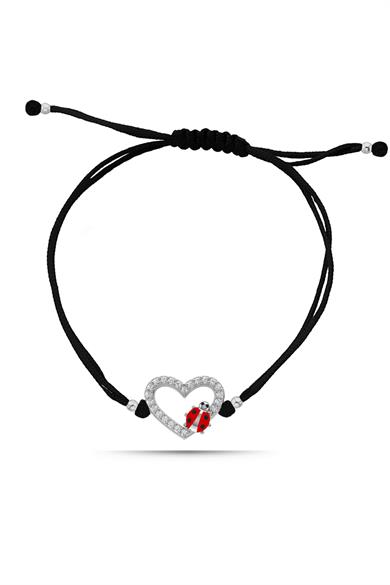 Uğur Böceği Figürlü Kalp Gümüş Bileklik