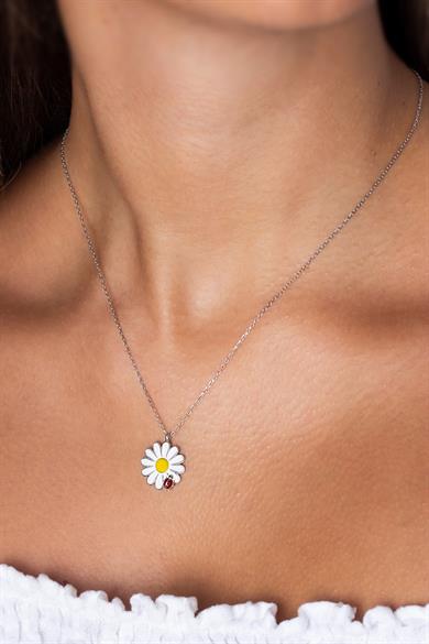 Uğur Böceği Figürlü Papatya Gümüş Kolye