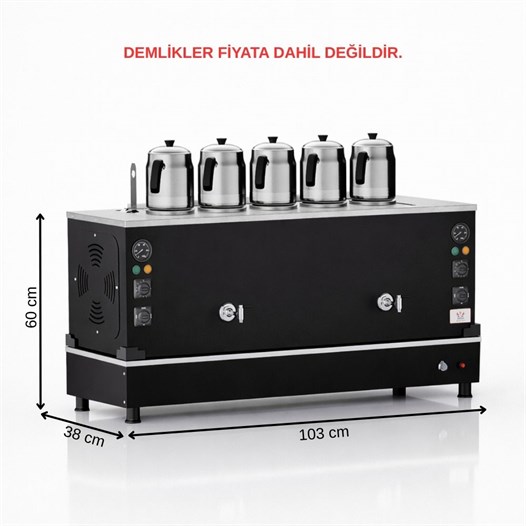 Anka Pro Kompakt Full Otomatik Çay Makinası 5 Demlikli 50 Litre Siyah Elektrikli Doğalgazlı