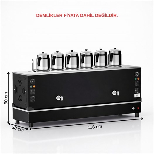 Anka Pro Kompakt Full Otomatik Çay Makinası 6 Demlikli 60 Litre Siyah Elektrikli Doğalgazlı