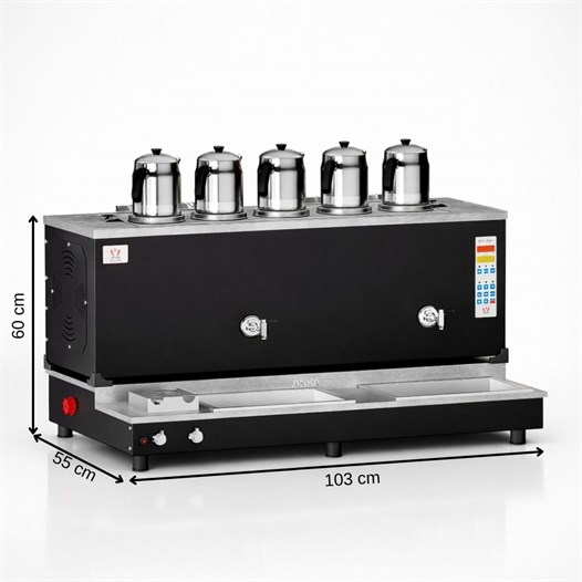 Anka Pro Plus Otomatik Çay Kazanı, 5 Demlikli, 50 Litre, Siyah, Elektrik+Doğalgaz