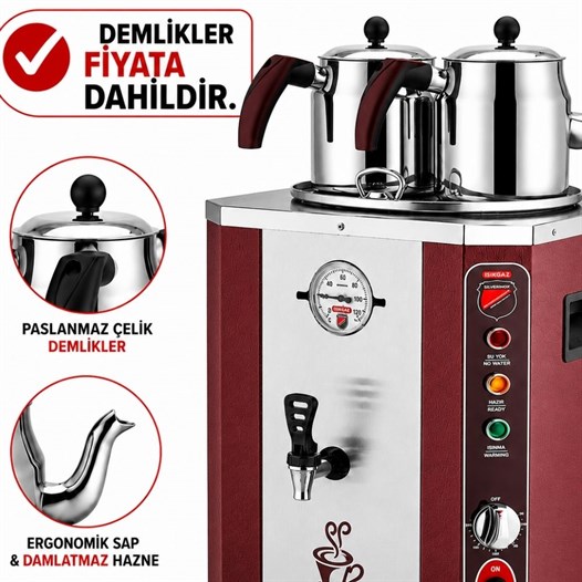 Silverinox Jumbo 13 Litre 2 Demlikli Çay Makinesi - Kırmızı