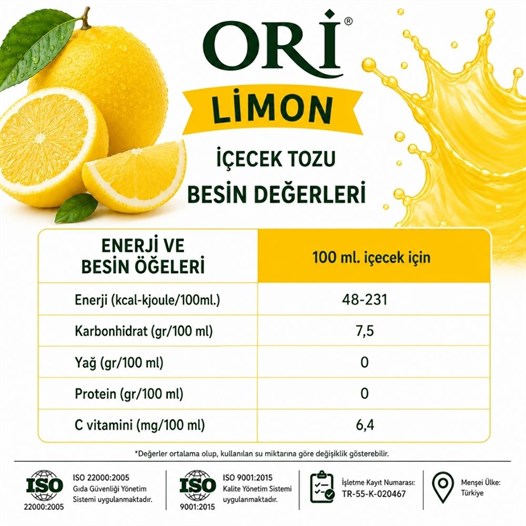 ORİ Limon Aromalı Soğuk Şerbetlik İçecek Tozu 450 Gr