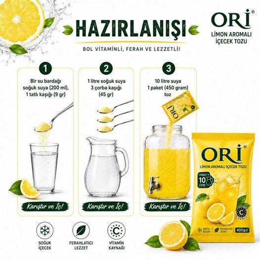 ORİ Limon Aromalı Soğuk Şerbetlik İçecek Tozu 450 Gr