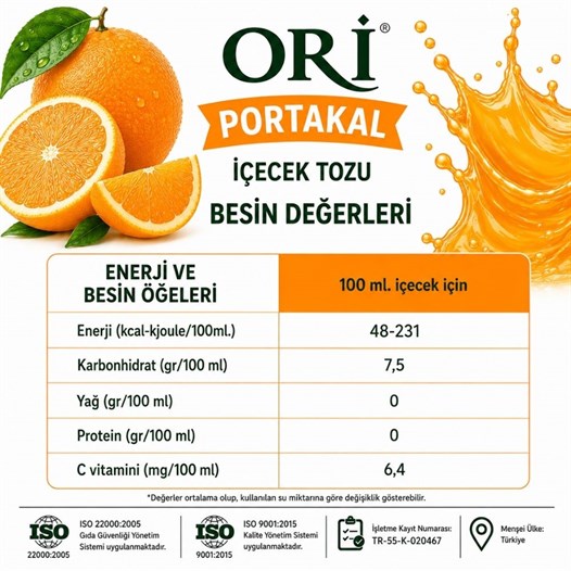 ORİ Portakal Aromalı Soğuk Şerbetlik İçecek Tozu 450 Gr