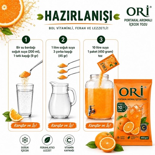 ORİ Portakal Aromalı Soğuk Şerbetlik İçecek Tozu 450 Gr