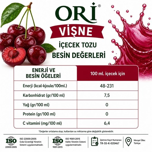 ORİ Vişne Aromalı Soğuk Şerbetlik İçecek Tozu 450 Gr