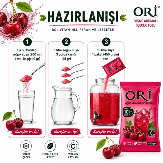 ORİ Vişne Aromalı Soğuk Şerbetlik İçecek Tozu 450 Gr