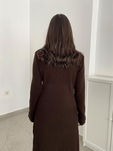Kol Detaylı Uzun Triko Elbise Kahve