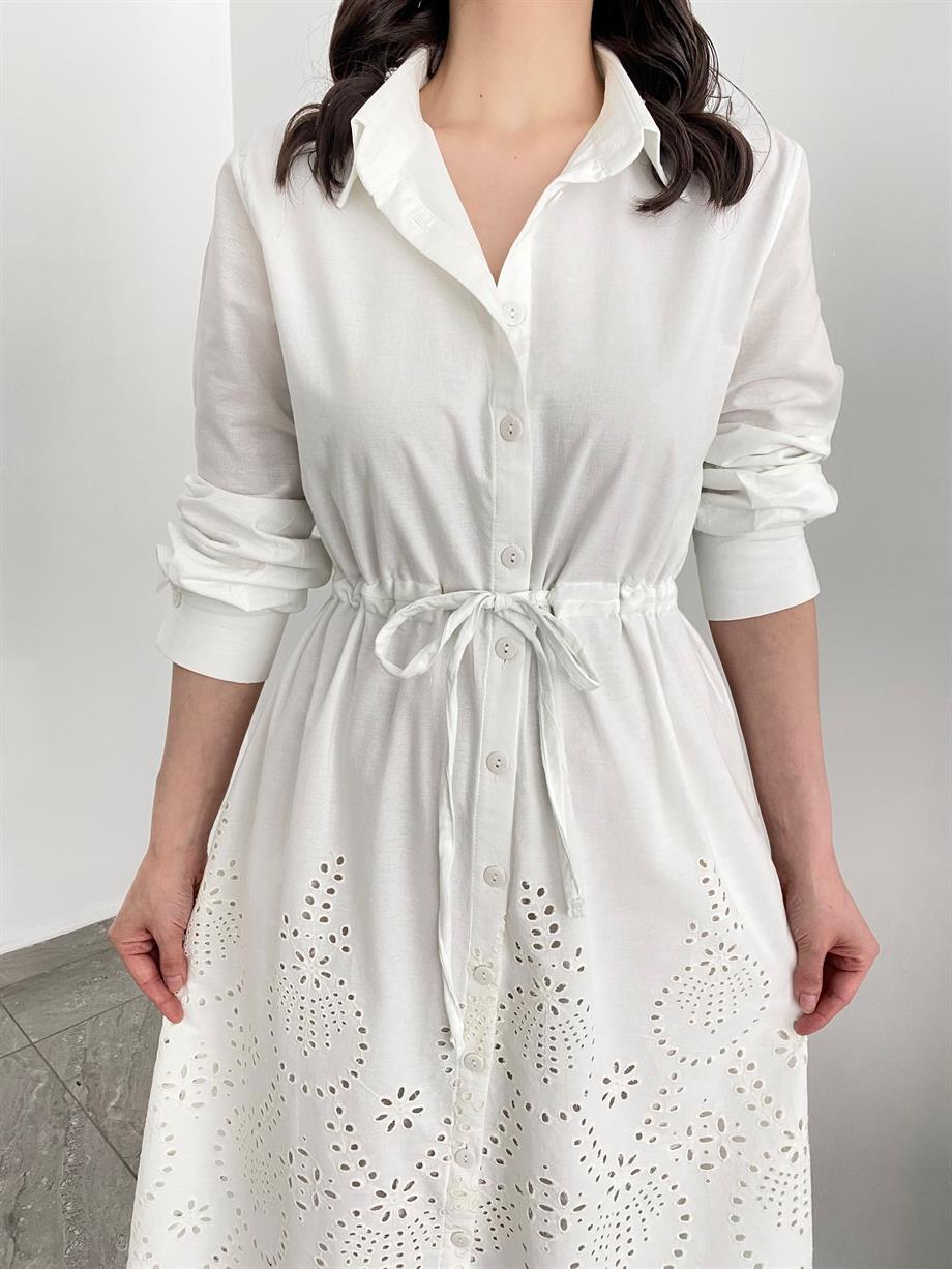 Fisto Detay Gömlek Elbise Beyaz | Butikceylan.com