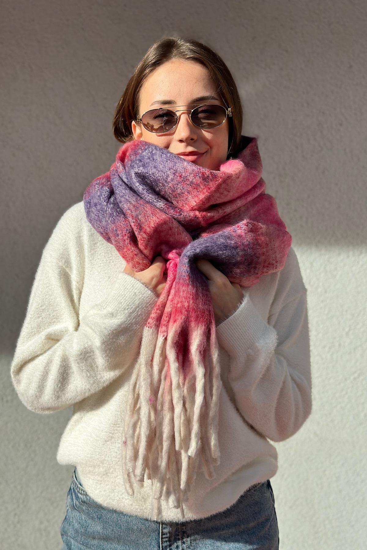 Angora Dokulu Renk Blok Detay Kalın Saçaklı Pinterest Viral Premium Atkı 220 x 40 cm