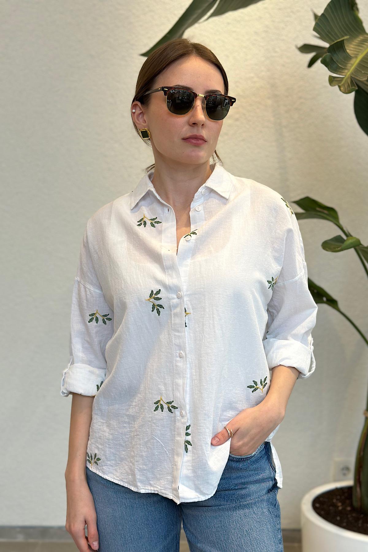 Zeytin Dalı Desen Nakış Detaylı Pamuk Keten Karışım Gömlek