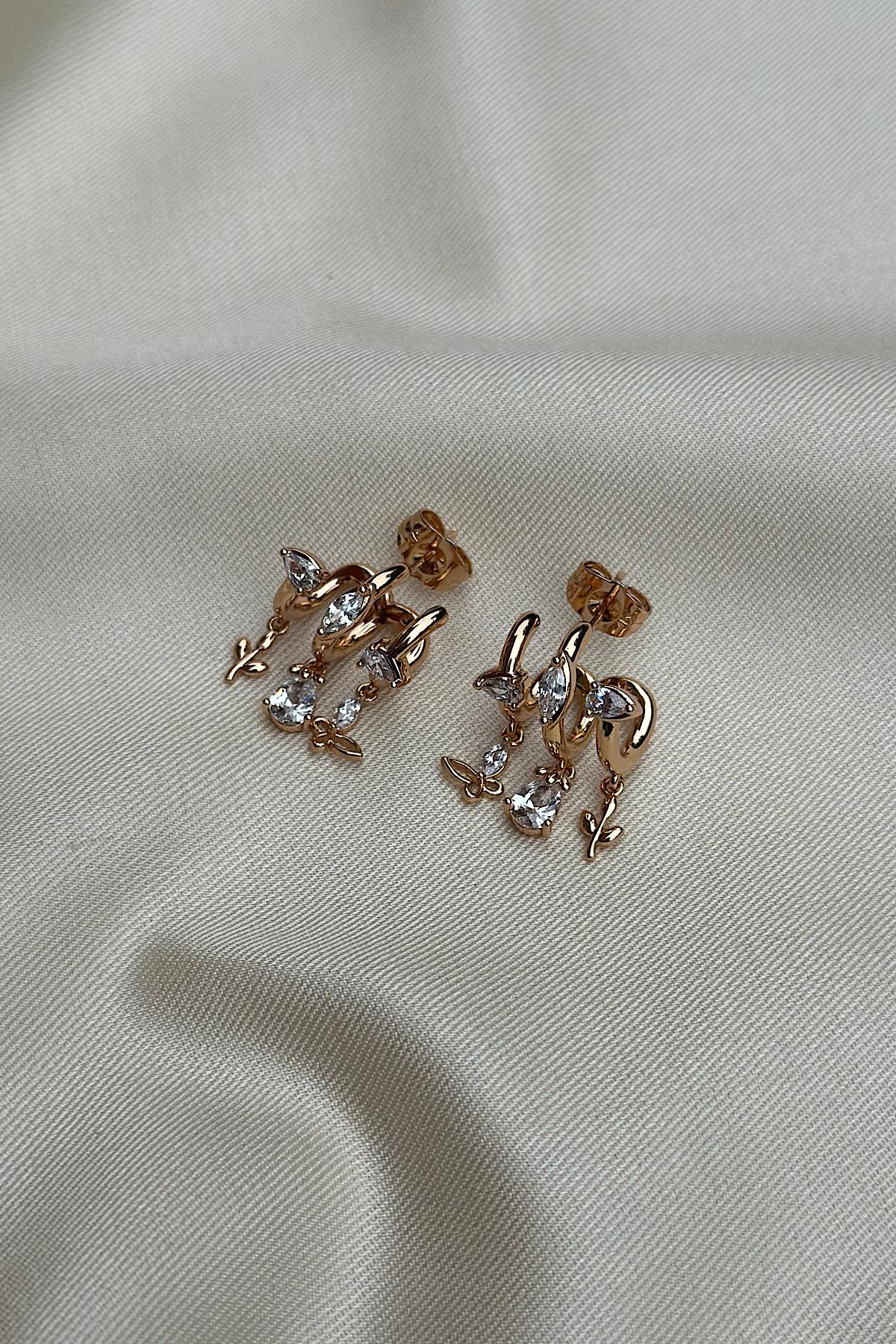 18K Altın Kaplama Minimal Trio Tasarım Charm Sallantılı 3 Sıra Küpe