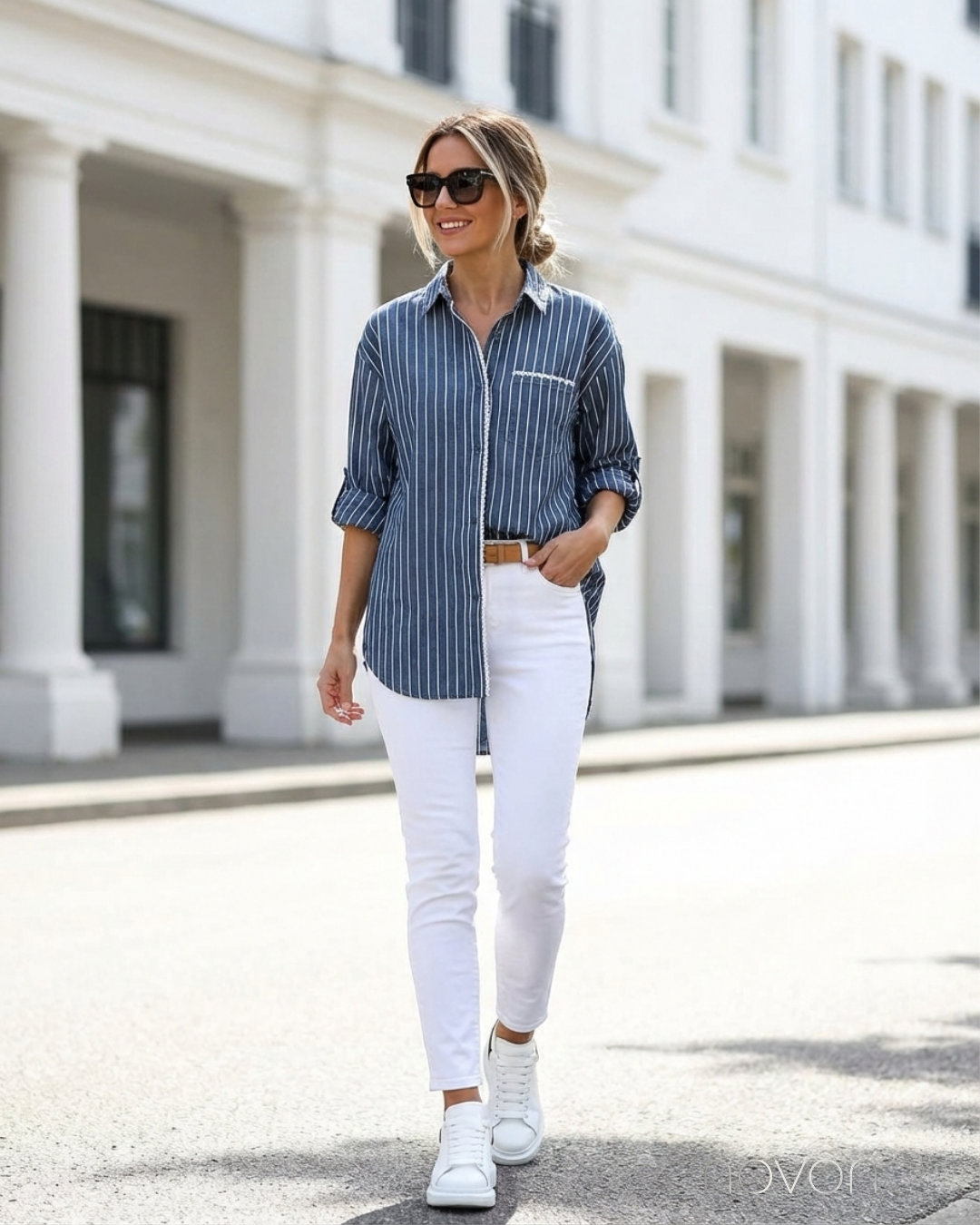 Marin Çizgili Şerit Dantel Detay Ultra Premium Çizgili Gömlek