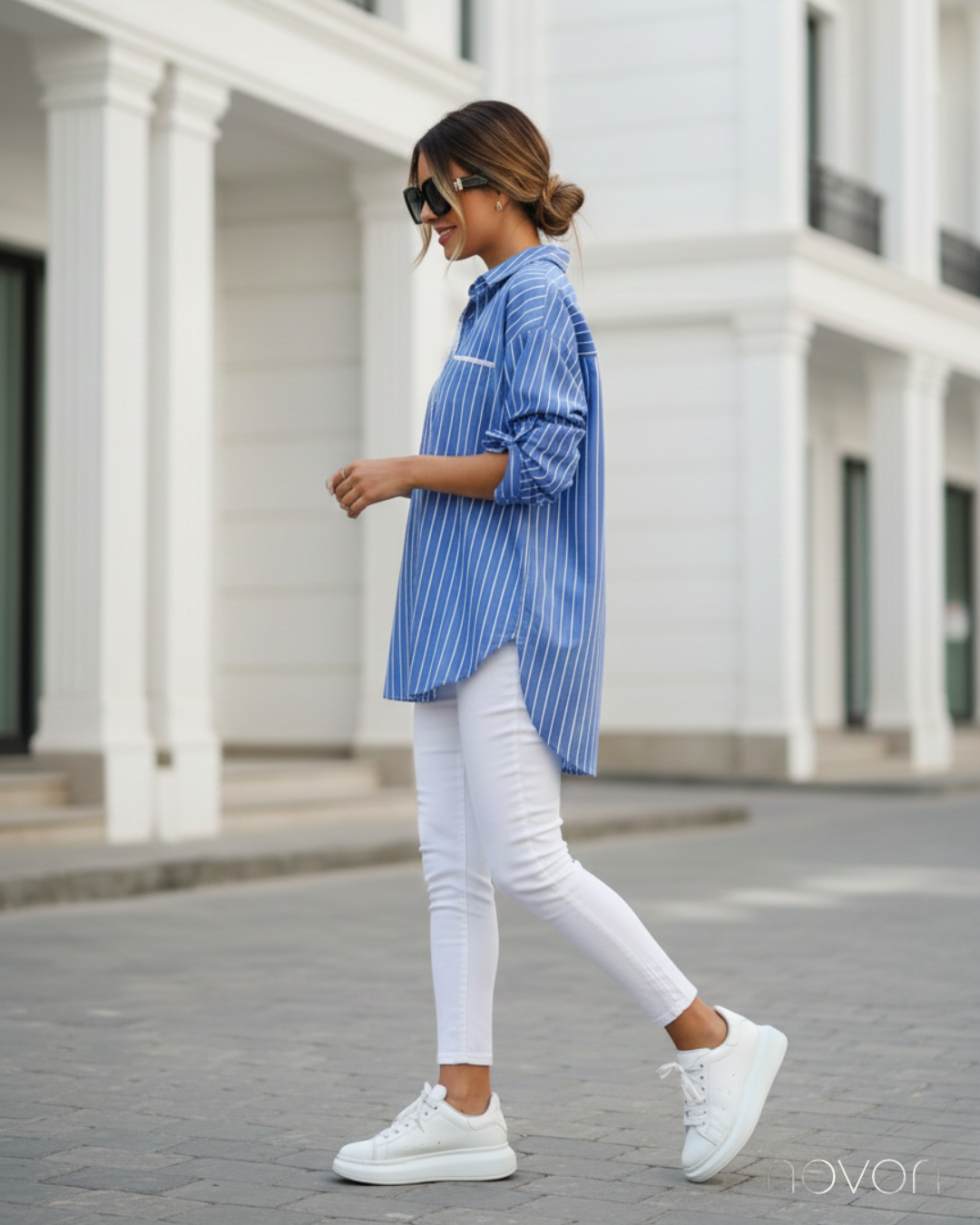 Marin Çizgili Şerit Dantel Detay Ultra Premium Çizgili Gömlek