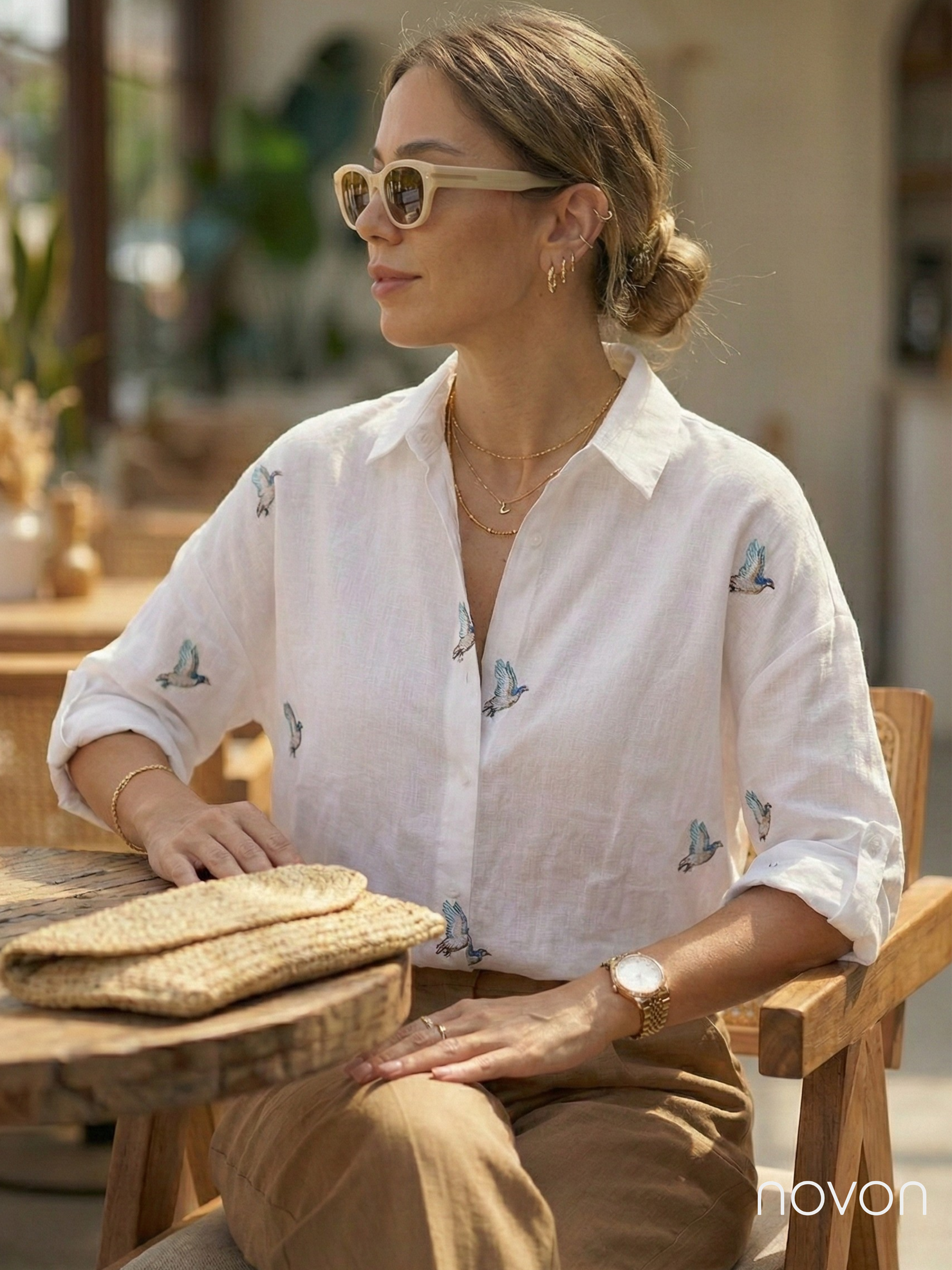 Ördek Nakış Detaylı Pamuk Keten Karışım Premium Gömlek