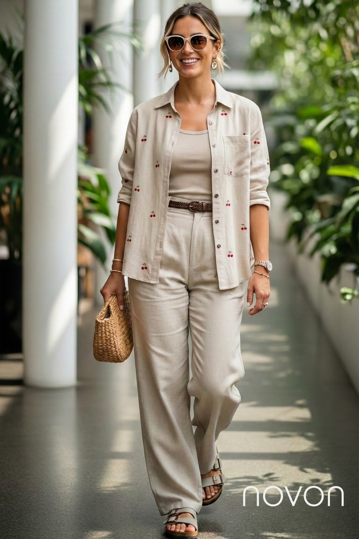 Kiraz Nakış Detaylı Premium Keten Gömlek