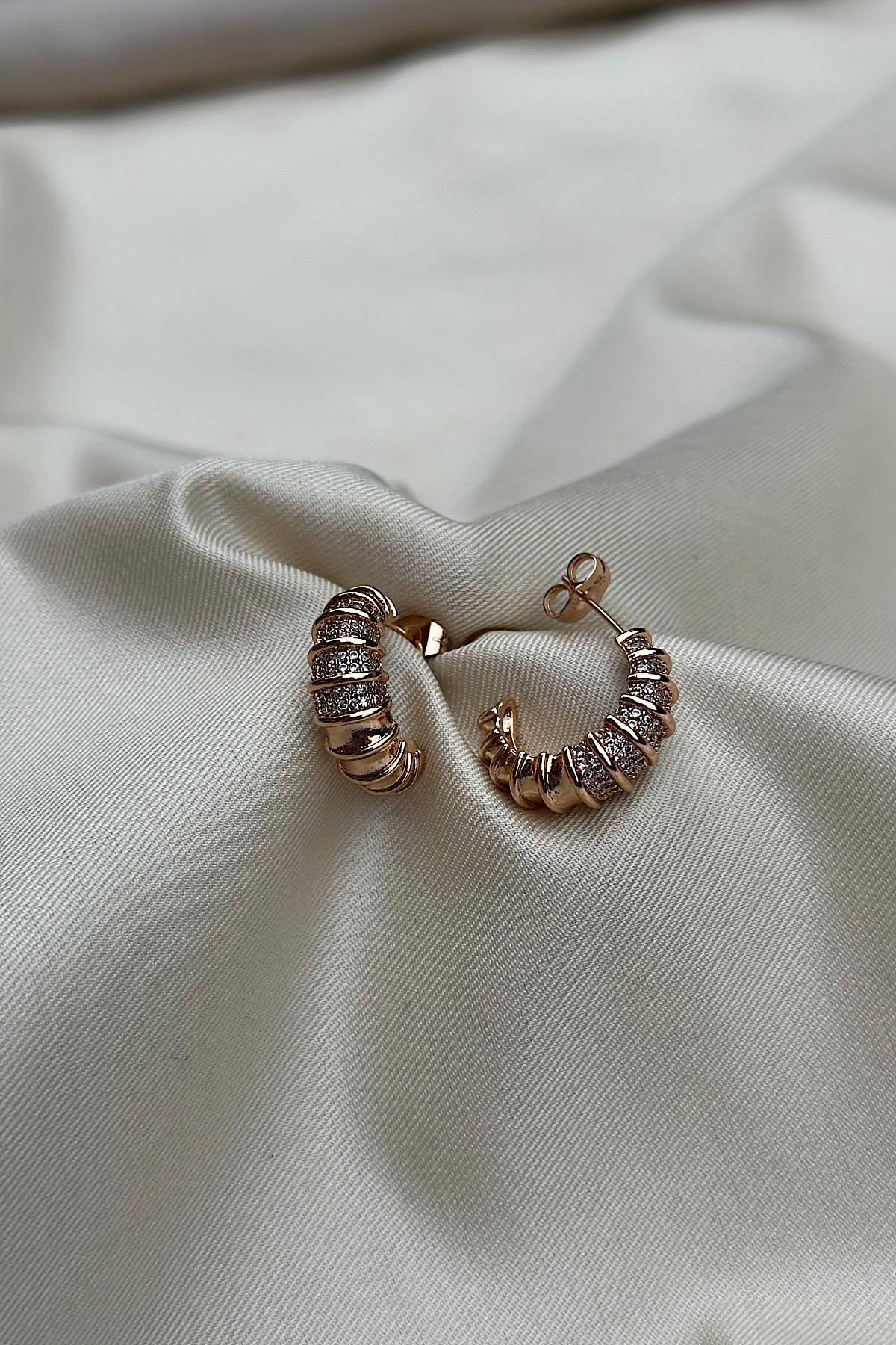 18K Gold Kaplama Taşlı İstridye Halka Küpe