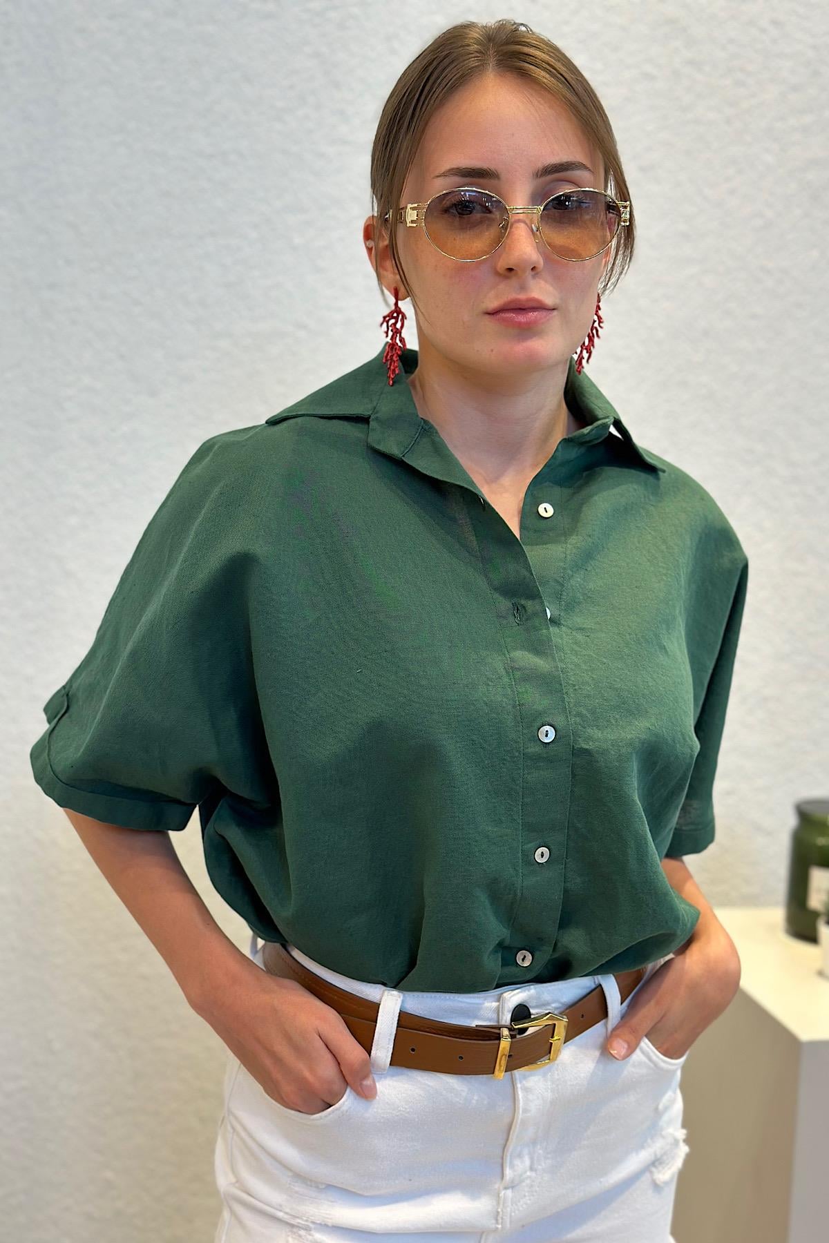 Oversize Yarım Kol Premium Keten Kısa Kol Gömlek