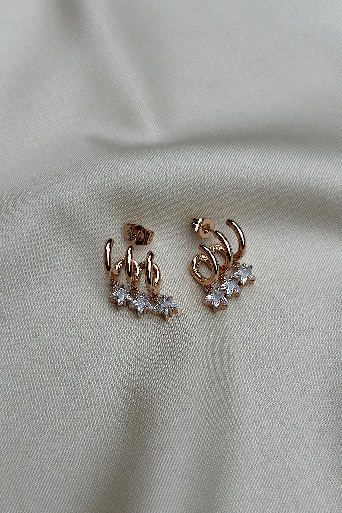 18K Altın Kaplama 3lü Zarif Yıldız Taş Sallantılı Küpe